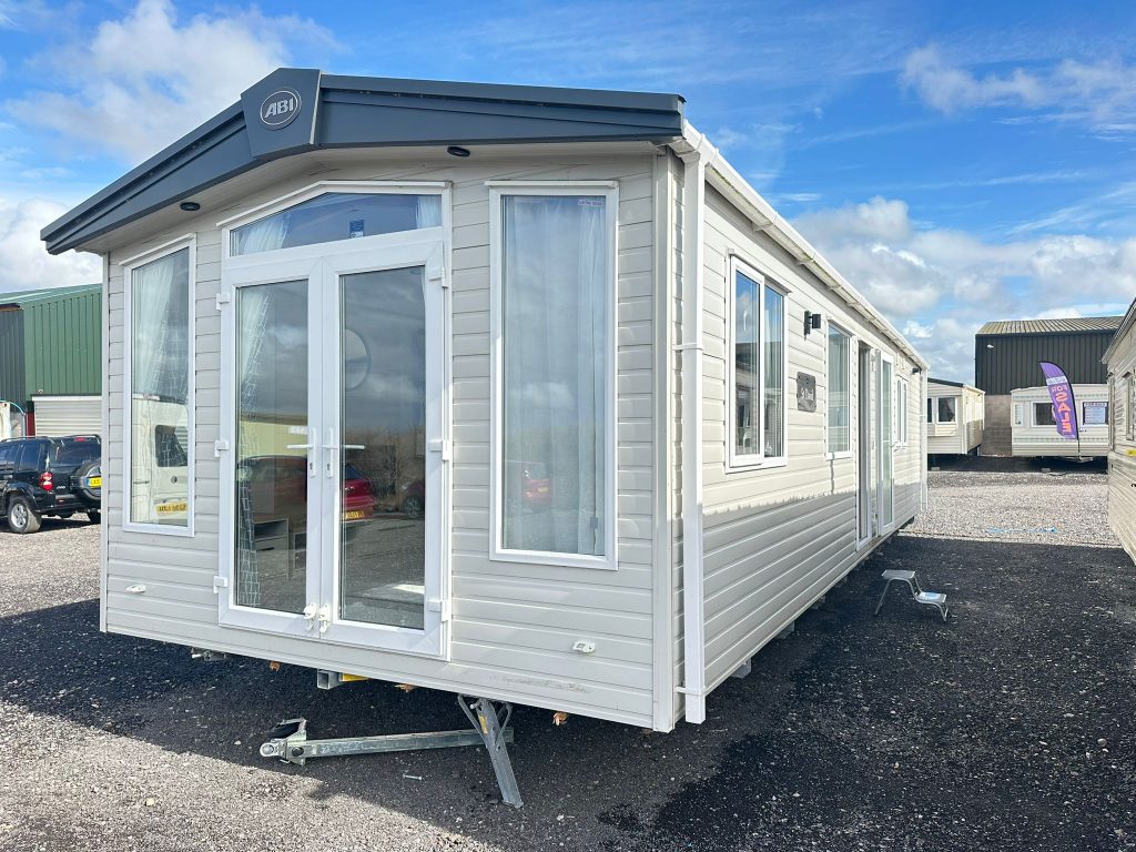Front of White Static Caravan with Patio doors