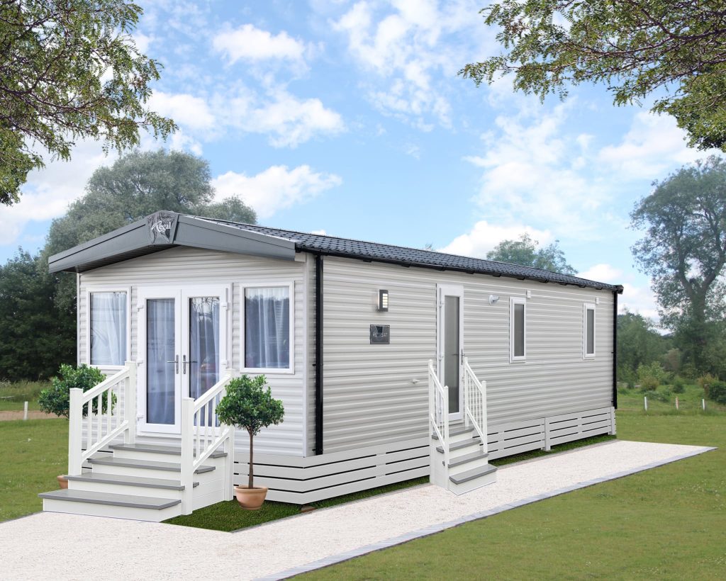 static caravan with steps and patio doors